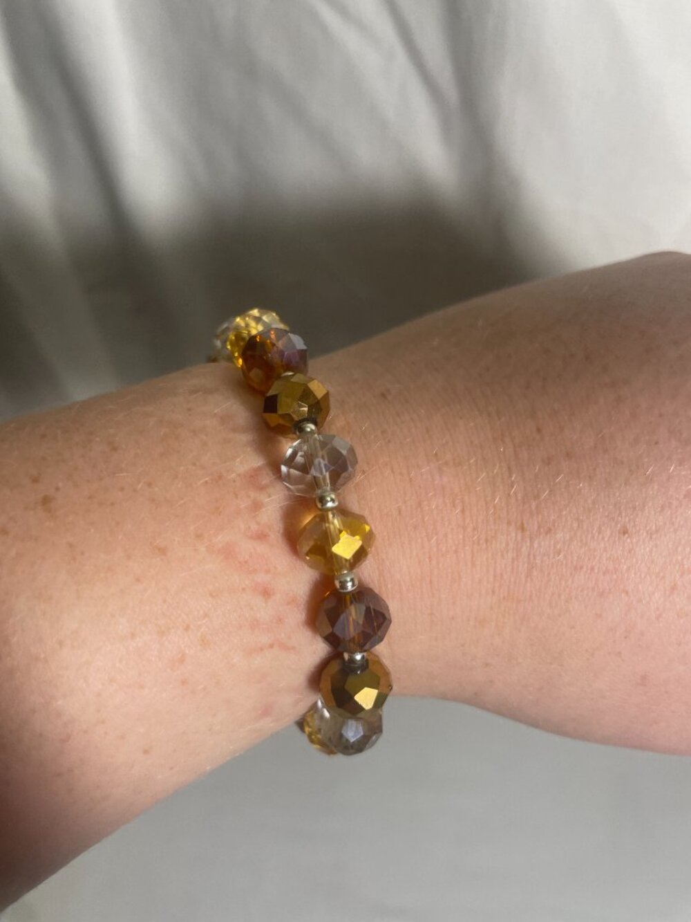 Faceted Bead Stretch Bracelet Amber Gold Clear Brown Silver Tone Spacers